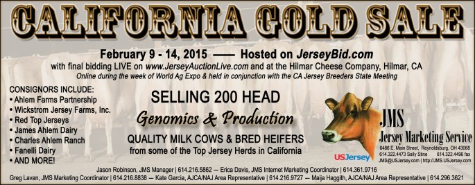 The CA Gold Sale will put consignments on JerseyBid.com for bidding Feb. 9 - 14. All lots with bids will move into the LIVE closeout of the sale, on JerseyAuctionLive.com and at Hilmar Cheese Company, Hilmar, Calif., 3:00 p.m. (PST)